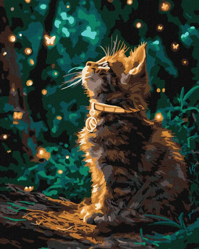 Картина по номерам - Котенок и светлячки с красками металлик extra ©art_selena_ua