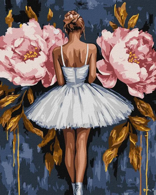 Картина по номерам - Балерина с розовыми пионами с красками металлик extra ©art_selena_ua