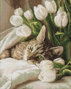 Алмазная мозаика - Кот у тюльпанов ©art_selena_ua