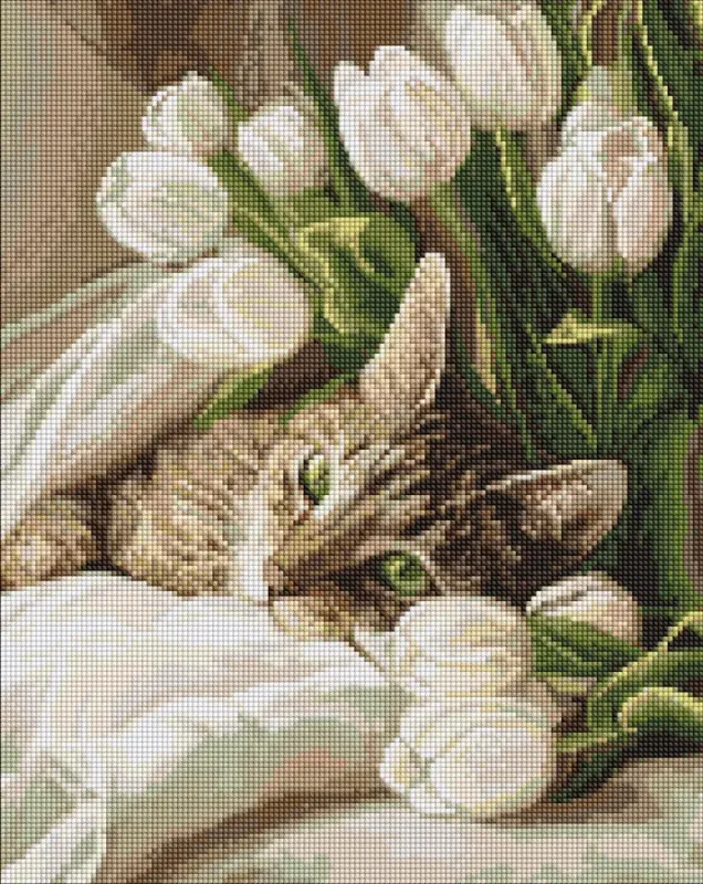 Алмазна мозаїка - Кіт біля тюльпанів ©art_selena_ua