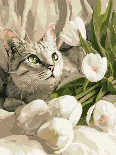Картина за номерами - Зеленоокий кіт з тюльпанами ©art_selena_ua