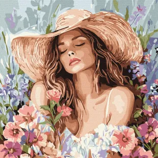 Картина за номерами - Дівчина в капелюсі серед квітів ©art_selena_ua