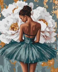 Картина за номерами - Балерина з білими півоніями з фарбами металік ©art_selena_ua