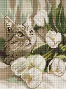 Diamond mosaic - Green-eyed cat with tulips ©art_selena_ua