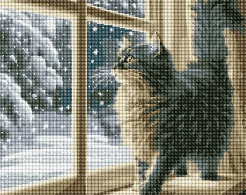 Diamond mosaic - Snowfall outside the window with hologram rhinestones (AB) ©art_selena_ua