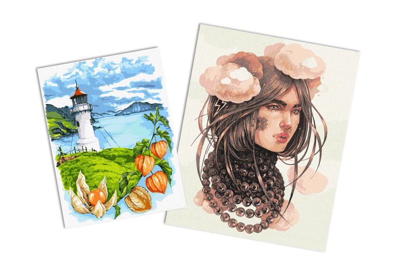 Sets of paintings - "Cloudy thoughts" & "Lighthouse with physalis"